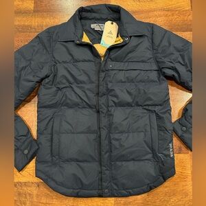 prAna Down Pinchot Shirt Jacket Puffer Mens Small Navy Blue Yellow NWT